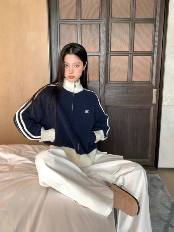 [シープカシミア]アメリカンコントラストカラー長袖スタンドカラーセータージャケットレディースルーズ野球ユニフォームカーディガンジッパートップ