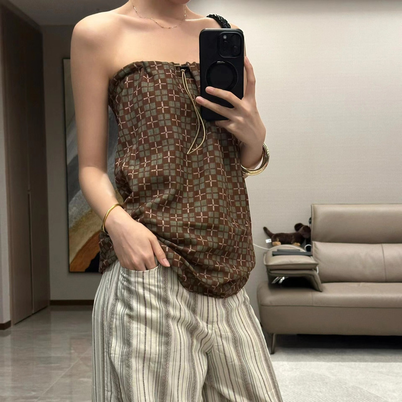 "Coco Lin Evening Breeze" Plaid Drawstring Tube Top Sleeveless Top for Women 25 Summer Can Wear Straight Holiday Skirt "Coco Lin Evening Breeze" Plaid Drawstring Tube Top Sleeveless Top for Women 25 Summer Can Wear Straight Holiday Skirt
