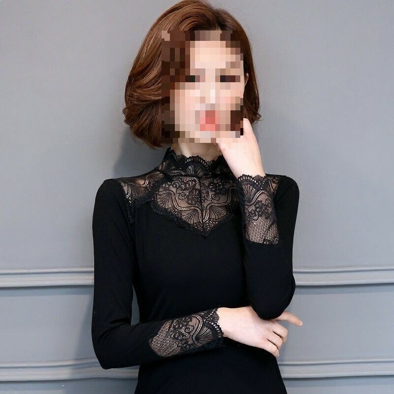 Thin Style/With Fleece) Nini's Lace Base Shirt for Women, Long-Sleeved, Plus Size, Autumn and Winter, Fleece-Lined, High-Neck, Stretchy Top