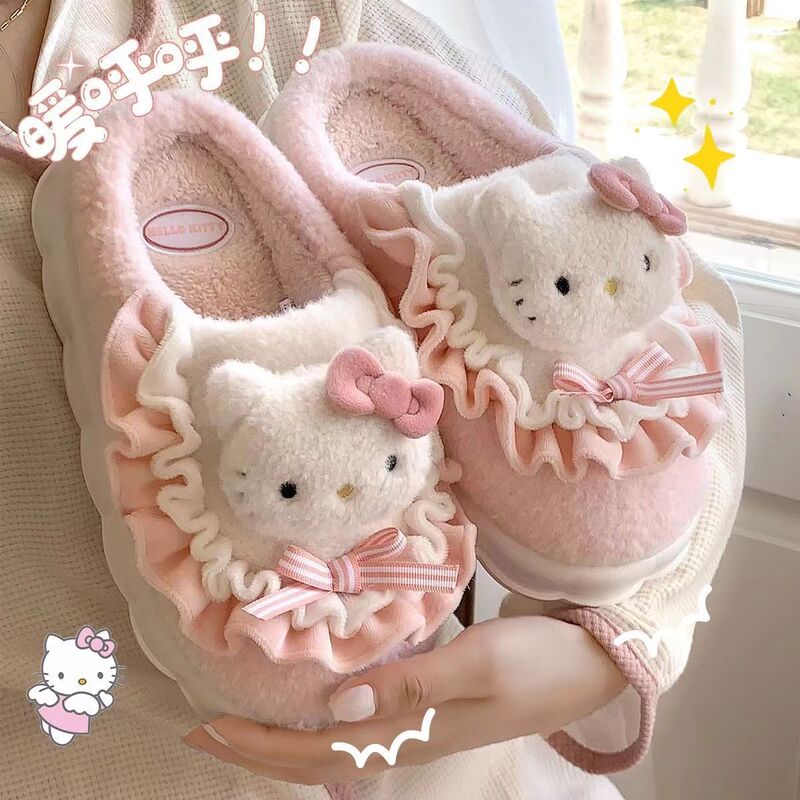 High-Appearance Value Trendy Cotton Slippers for Women, Autumn and Winter Indoor Home Wear, Cute and Adorable Hello Kitty Warm Plush Slippers