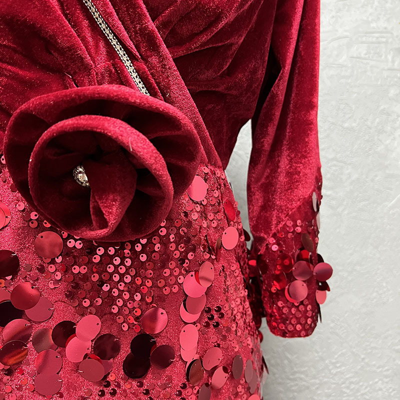 Damenbekleidung Mode schlanke Samt Pailletten Abendkleid Kleid_voghion.com