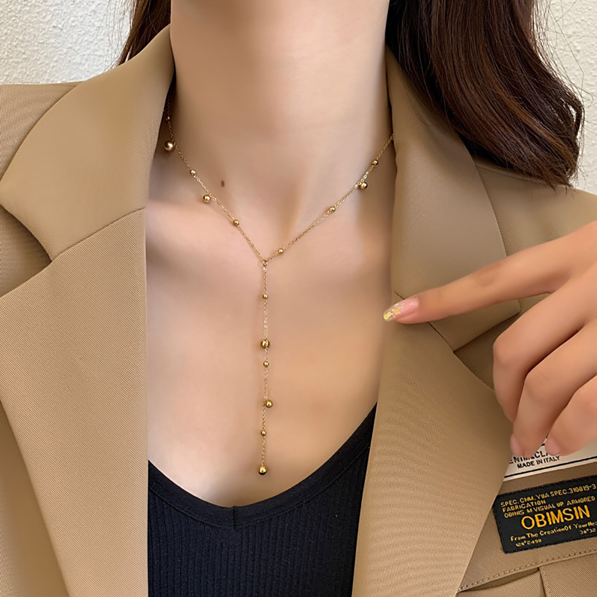 个性钛钢金色大小圆珠流苏项链女欧美时尚满天星锁骨链现货批发