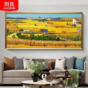 Van Gogh's Wheat Field Hanging Painting Harvest Hand-Painted Oil Painting European-Style Living Room Triptych Mural American Pastoral Landscape Decorative Painting