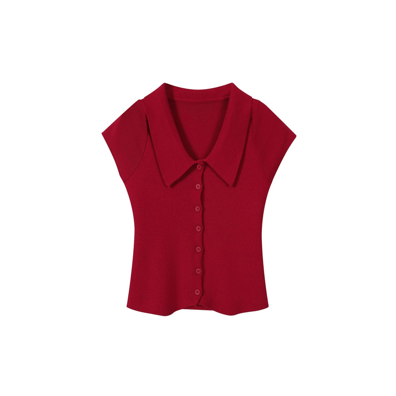 Korean-style retro red knitted short-sleeve polo collar women's t-shirt, summer high-end small flutter sleeve top, versatile and slim-fitting