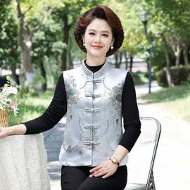 中式妈妈装新款国风马甲外套2024马夹上衣盘扣提花拼接民族风坎肩