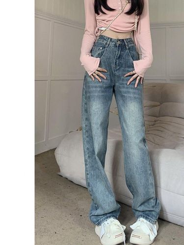 Water-wash blue retro women's autumn high-waisted slimming pear-shaped body versatile loose floor-length wide-leg pants trendy