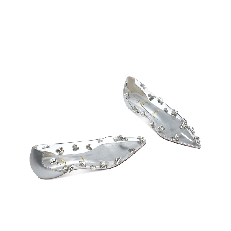 Silver Transparent Rhinestone Large Diamond Shoes for Women Summer Banquet Flat High Heel Slip-On Wedding Shoes Korean Style