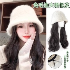 帽子とウィッグが一体化した女性のロングヘアナチュラル人工毛ファッション秋冬ウサギの毛漁師の帽子ロング巻き毛ウィッグセット