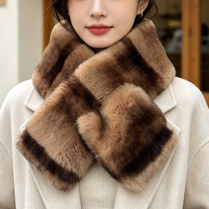 New imitation chinchilla fur cross-neck scarf, warm and dense double-sided plush neck warmer, brown and coffee striped furry scarf for winter