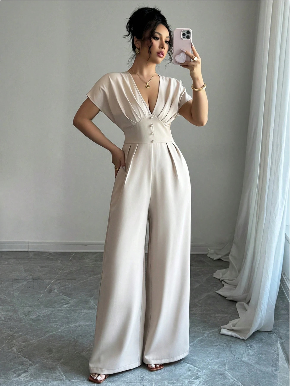 Exportación de comercio exterior 2026 nuevo estilo europeo y americano transfronterizo temperamento elegante de mujer cuello en V manga corta cintura amplia pierna junk
