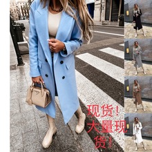 2023亚马逊爆款独立站wish  秋冬长袖西装领双排扣妮子外套大衣女