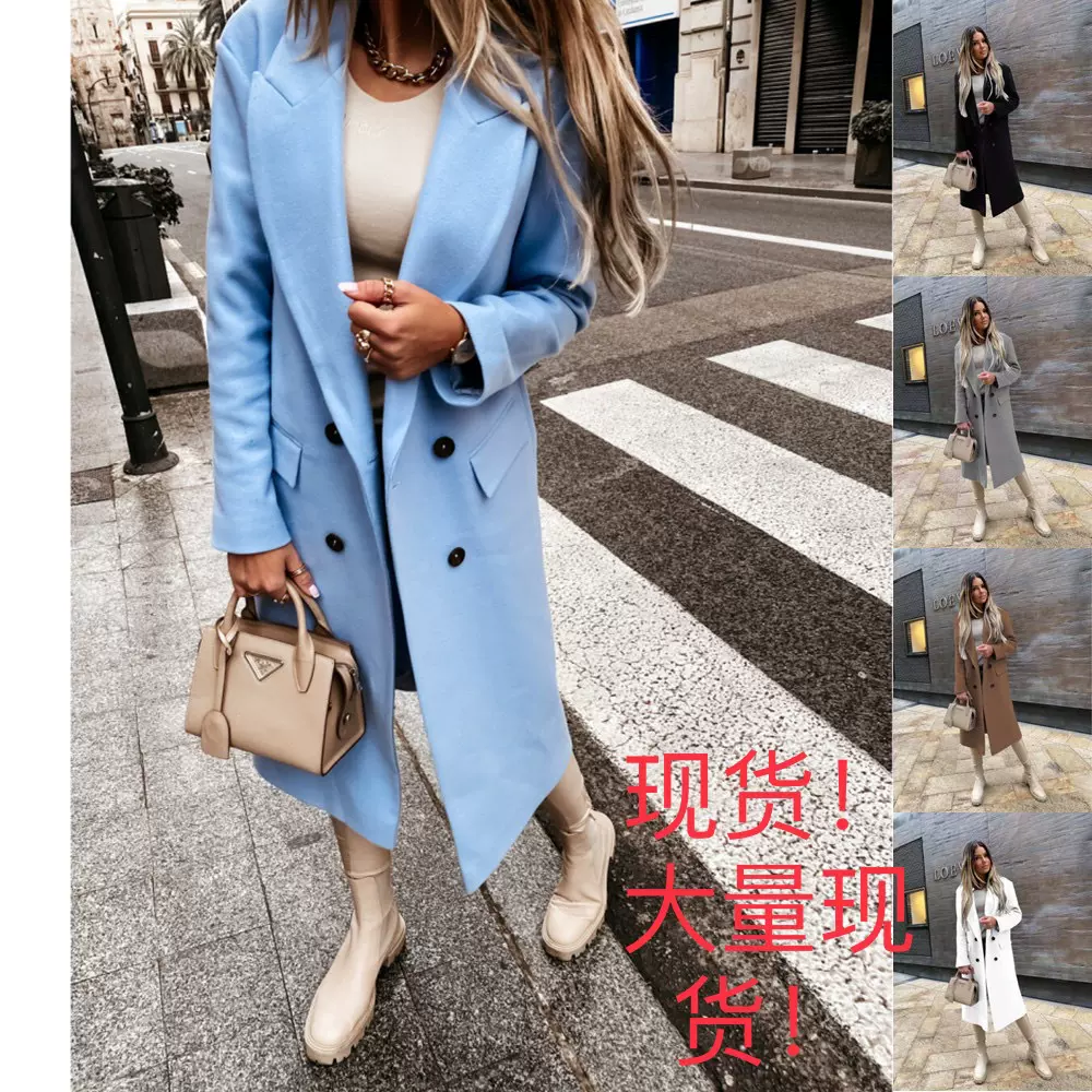 2023亚马逊爆款独立站wish  秋冬长袖西装领双排扣妮子外套大衣女