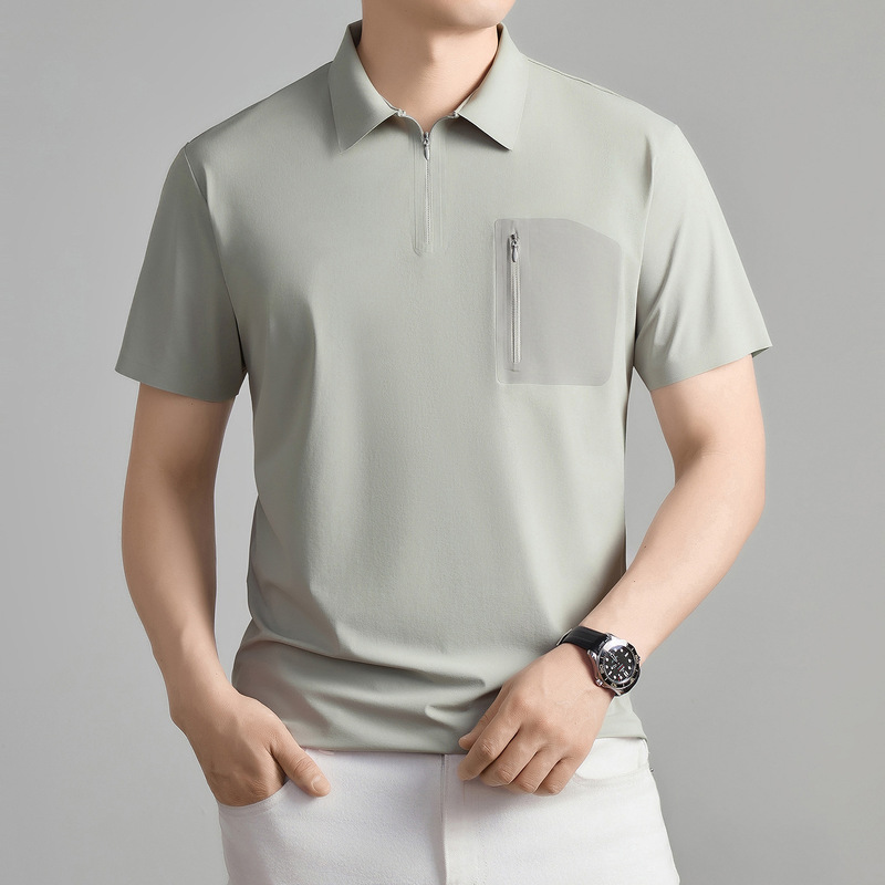 Half-Zip Polo Shirt for Men, Summer Ice Silk with Pockets, Business Style, Seamless, Drapey, Short-Sleeve for Middle-Aged Dads