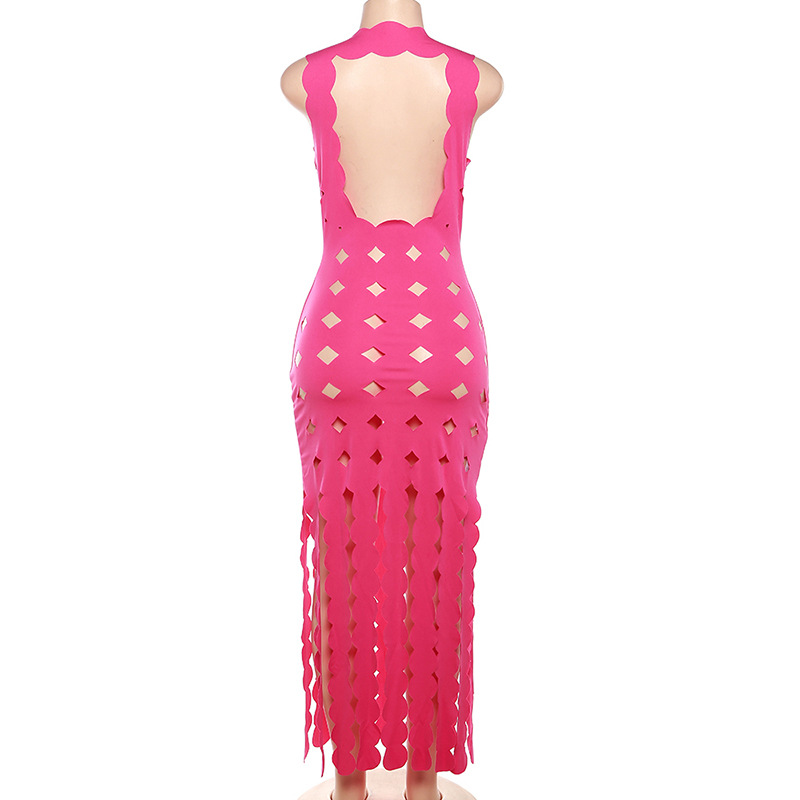 Summer Women Clothing Sexy Sleeveless Hollow Out Cutout High Waist Slim Slimming Maxi Dress