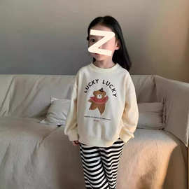女童秋装卡通卫衣套装2024新款中大童洋气可爱上衣条纹裤两件套潮