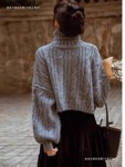 慵懒风灰色高领短款毛衣女秋冬新款休闲宽松港味复古上衣