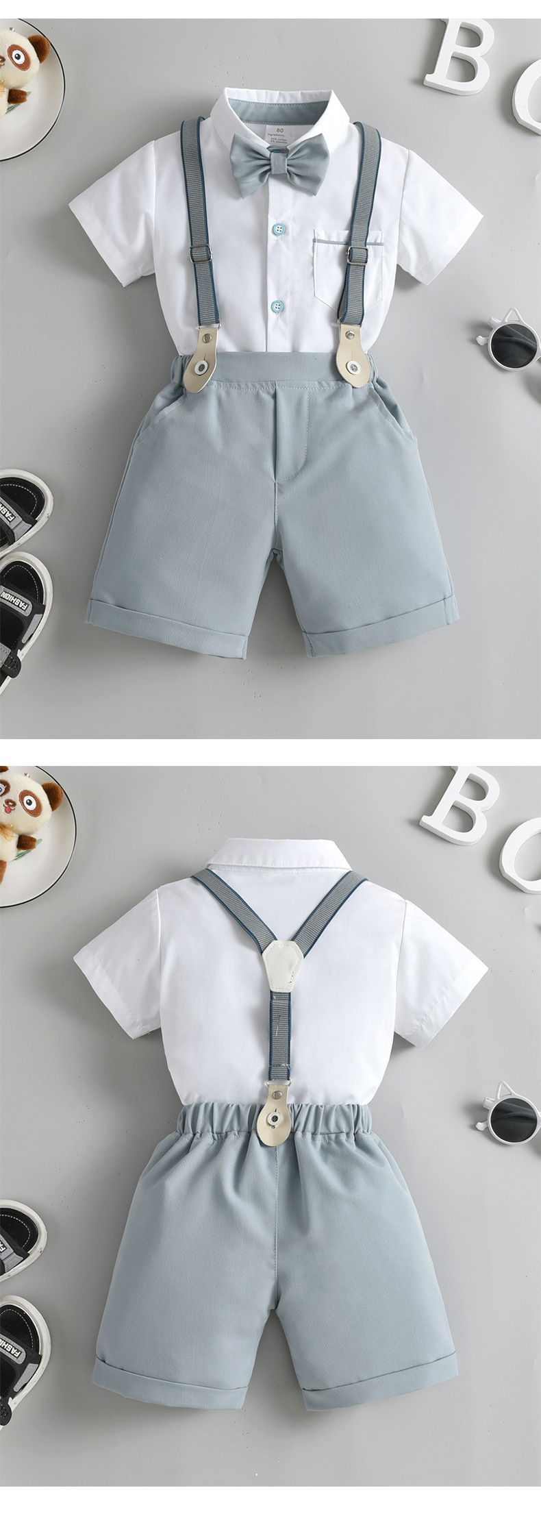 新款跨境童装背带裤两件套儿童套装宝宝夏季短袖英伦绅士男童夏装