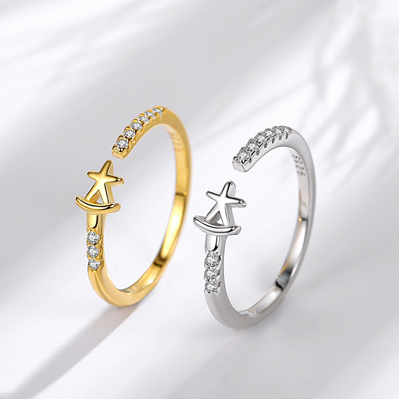S925 Estrella de plata esterlina anillo femenino japonés y coreano diamante estrella de cinco puntas sonrisa coreano anillo único viento frío boca abierta diseño sentido
