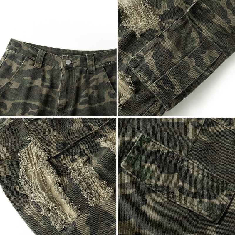 Plus-Size American-Style Ripped Camouflage Workwear Jeans for Women, New Summer Style, Trendy Street Fashion, Loose-Fitting Cropped Pants Plus-Size American-Style Ripped Camouflage Workwear Jeans for Women, New Summer Style, Trendy Street Fashion, Loose-Fitting Cropped Pants