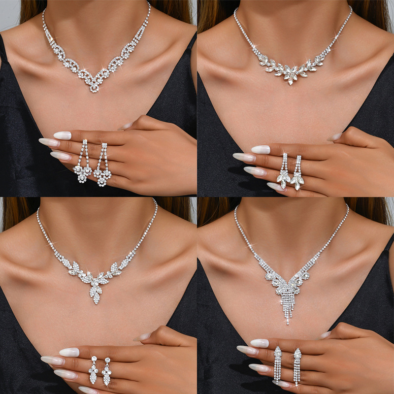 Cross-Border New Style Water Drop Tassel Earrings Necklace Bridal Wedding Jewelry Set Fashionable Light Luxury High-End Neck Chain for Women