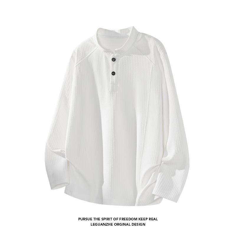 Textured Henry Collar Long-sleeve T-shirt, Autumn Patchwork Deconstructed Heavy Polo Shirt, High-end Stylish Hoodie_voghion.com