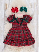 L 91109 Christmas Plaid Bubble Sleeve Dress ʥ����������ȹ