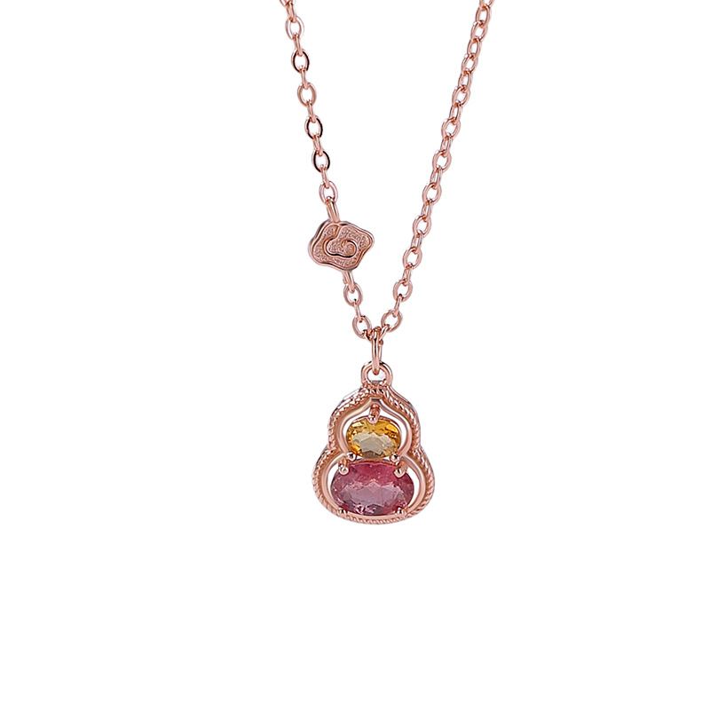 Dây chuyền bạc S925 mạ vàng hồng mặt đá tourmaline hình hồ lô phong cách tân trung hoa — Dây chuyền (màu tourmaline ngẫu nhiên)