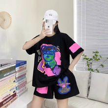 欧洲站2025春季新款时尚套装休闲运动印花T恤短裤两件女潮牌