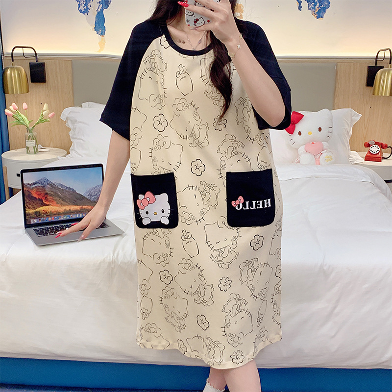 2024 verano ocio de dibujos animados pijama de mangas cortas de mujer bolsillo suelto ropa de casa 6535 fábrica de pijamas de algodón venta directa