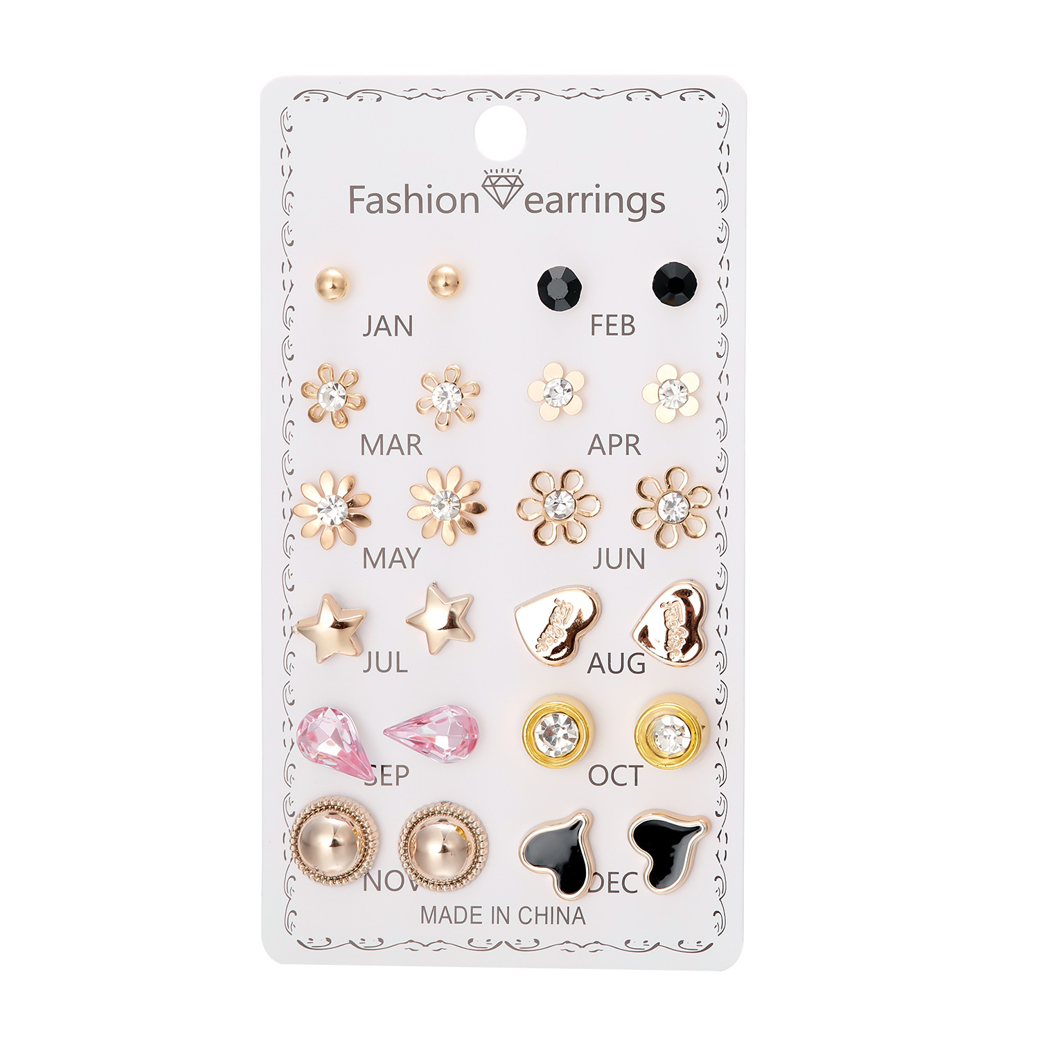Set de 12 pares de aretes con flores de diamante