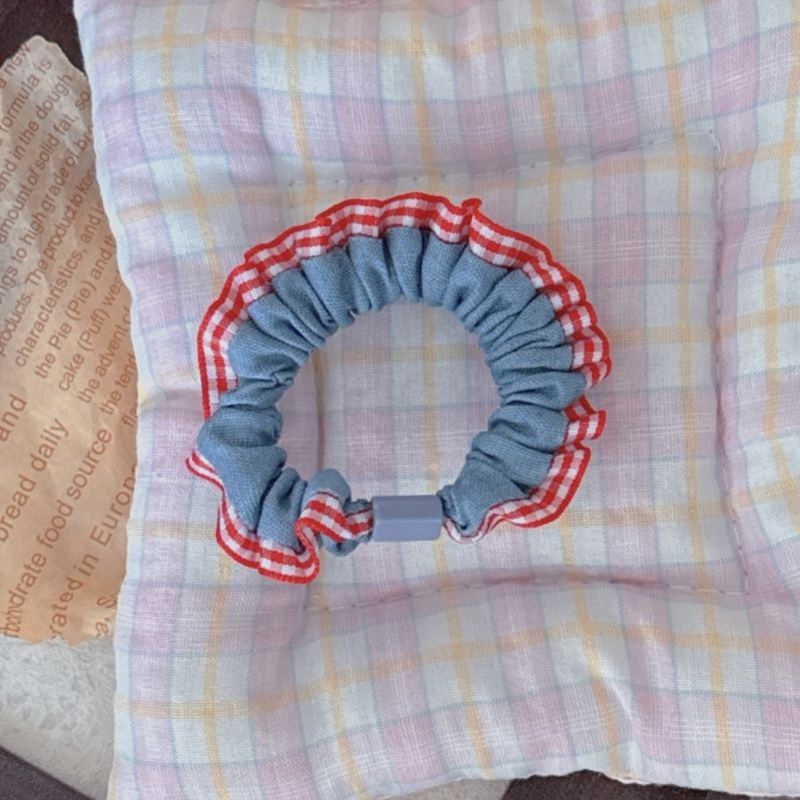 하늘색 체크무늬 레이스 머리끈