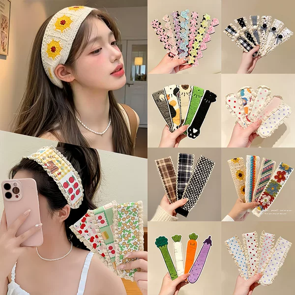 French-style floral knitted hairband with fringe and fringe stickers, non-pressing headband for women, suitable for washing face, hair accessory