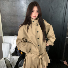 韩系高智感2025秋冬气质立领风衣外套女高级小个子两穿百褶连衣裙