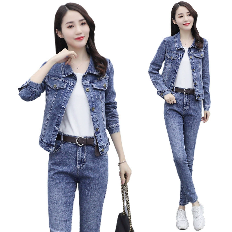 Эластичная джинсовая куртка, джинсы, брюки, модный комплект, вестерн-стиль, приталенный, осень