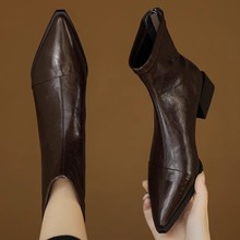 春秋季加绒单靴女士粗跟靴子女靴高跟方头短靴马丁靴后拉链短靴