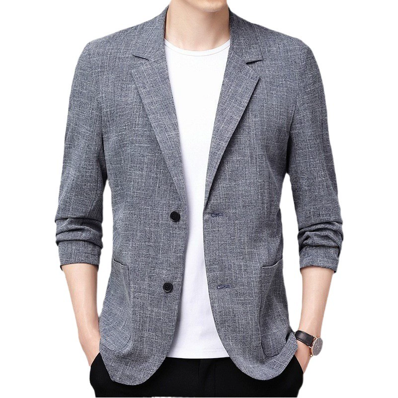 Мужской пиджак, Осенний Тонкий льняной однотонный Повседневный маленький костюм среднего возраста, корейский Приталенный топ из хлопка и льна
