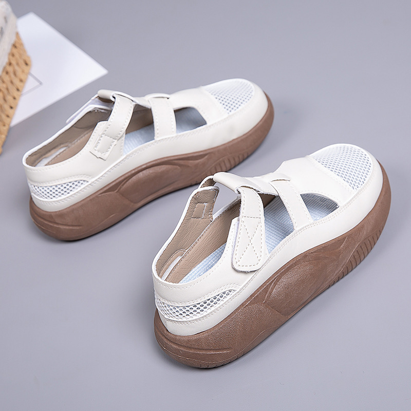 2026 Summer New Versatile White Shoes for Women, Hollow Anti-Slip Velcro Casual Shoes, Breathable Mesh Thick-Soled Sandals