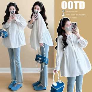 2025 Spring Maternity Fashion Tight Waist Slimming Belly Covering Doll Shirt New Korean Style Flip Collar Fashionable Pregnant Women's Shirt