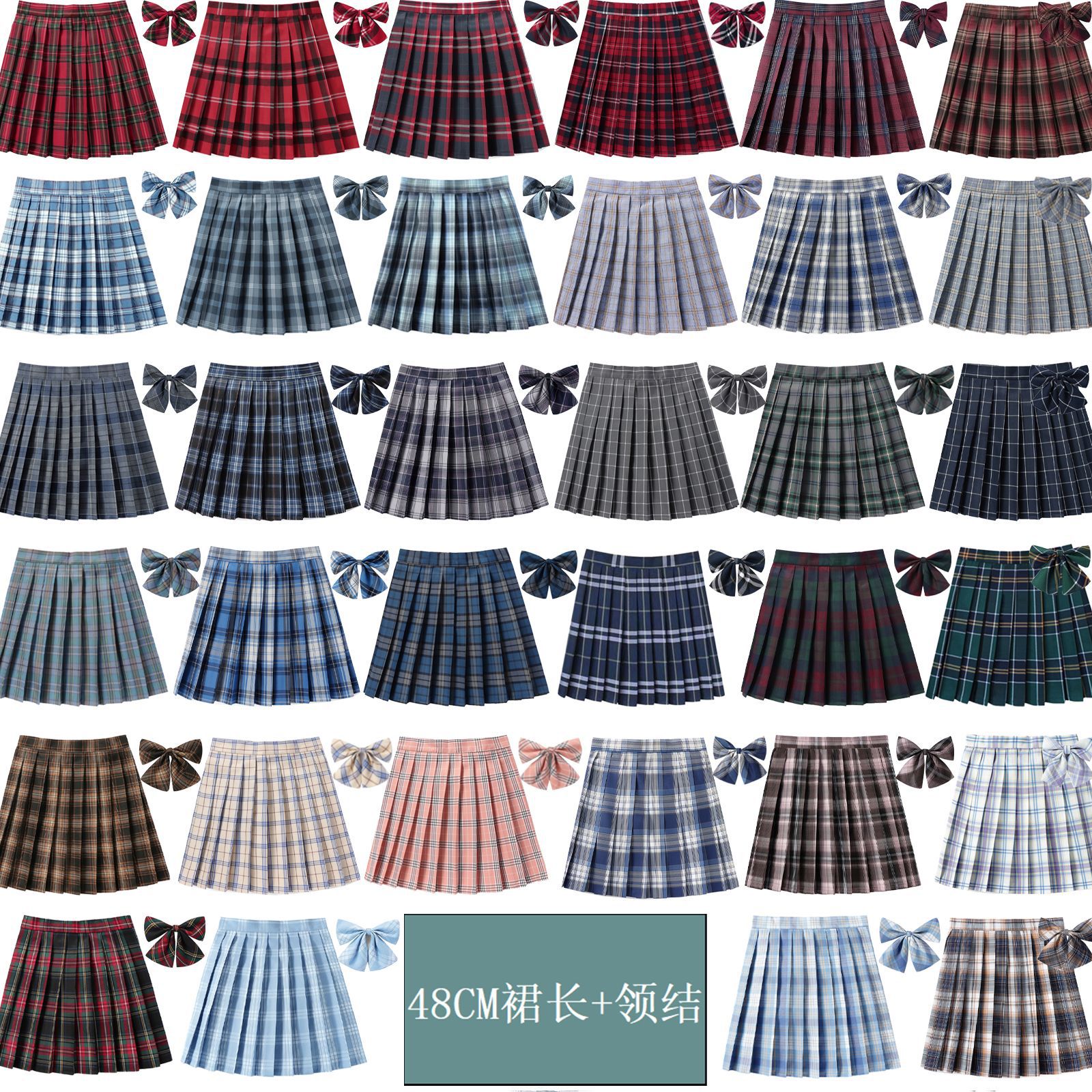 48 Skirt Length + Bow Tie Spring, Summer and Autumn High-Waisted Preppy Style Work Clothing Versatile and Comfortable Pleated Half-Length Plaid Women's Short Skirt