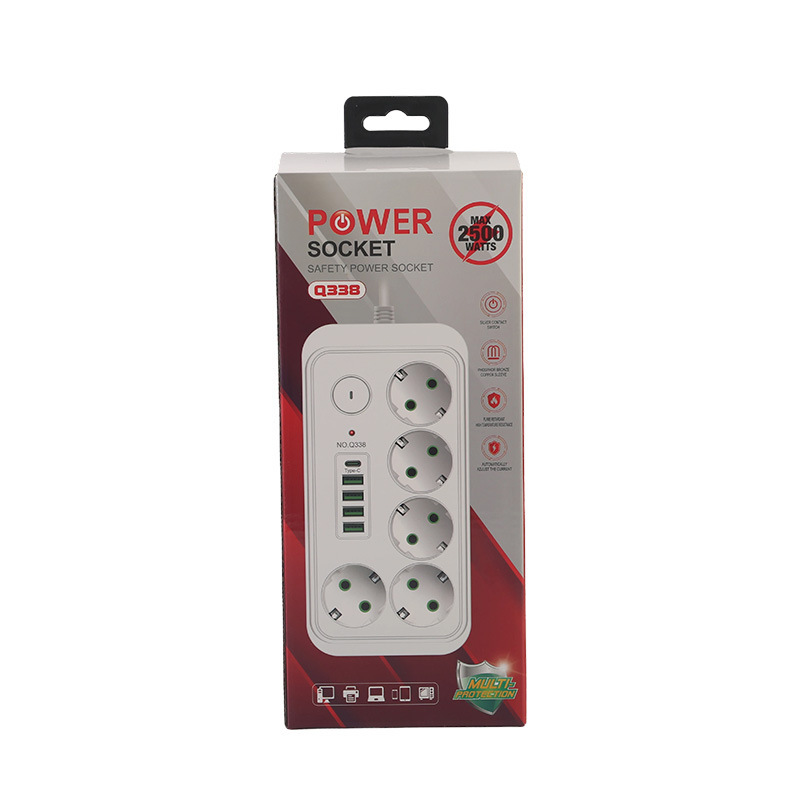 Caja de conexión europea Q338 paquete de caja de color neutro 4USB + 1 interruptor de botón grande tipo-c