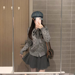 跨境miu系高级感灰色波点蝴蝶结系带毛衣开衫外套女秋冬内搭针织
