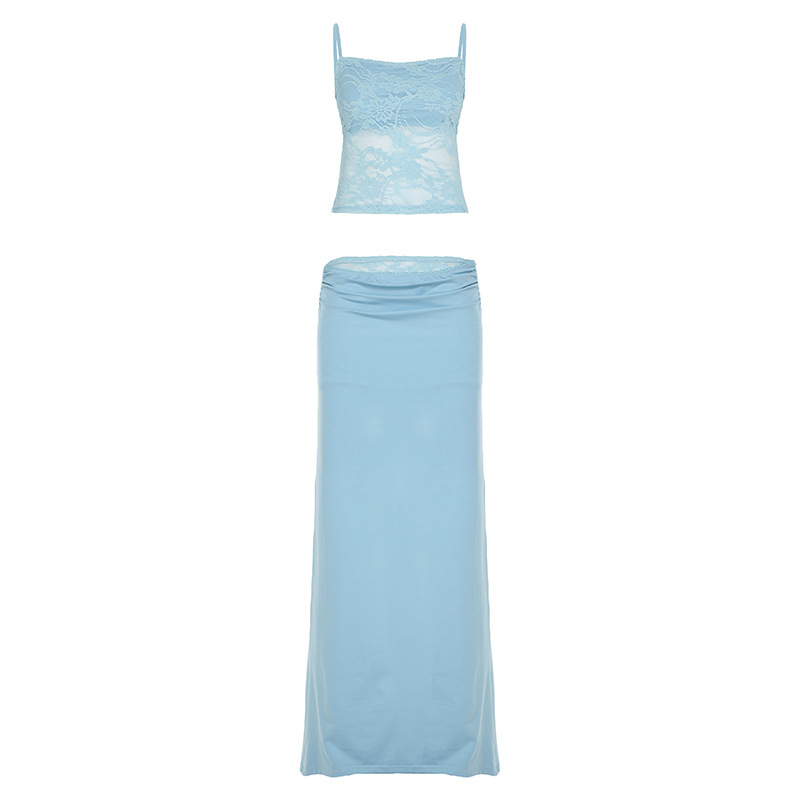Women Clothing Lace Top with Narrow Straps Stitching Satin Fishtail Skirt Slim Waist Sheath Skirt Two Piece Sets