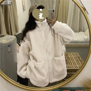 Faux lamb wool women's clothing 2023 autumn and winter Korean style loose fleece-lined thick style letter embroidered zipper coat for women