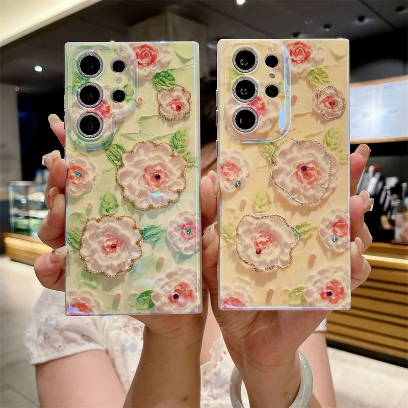 Blue light rhinestone oil painting flower for Samsung S25Ultra phone case S24U with glitter lens film S23