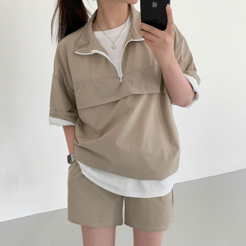 スーツ女性のハイネックジッパー半袖ショーツ女性のツーピース夏の卸売カジュアルスポーツウェアルーズカップル|undefined