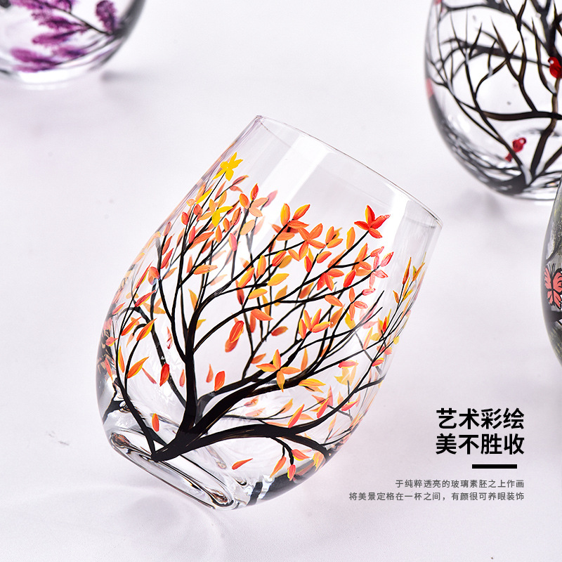 Copa de cristal de vidrio de flor pintada a mano Four Seasons copa de vino tinto taza de huevo fresco traje de copa de vino tinto