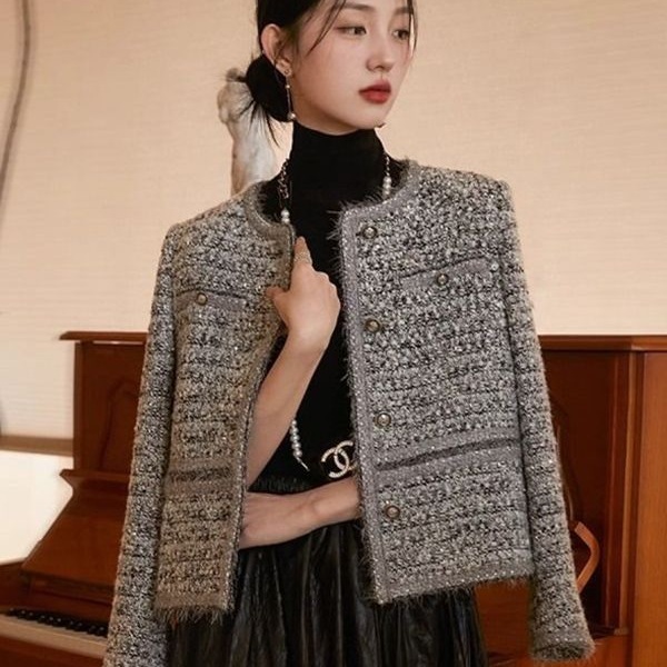 高级感粗花呢重工编织小香风外套2025新款女春秋加棉加厚短款上衣|undefined