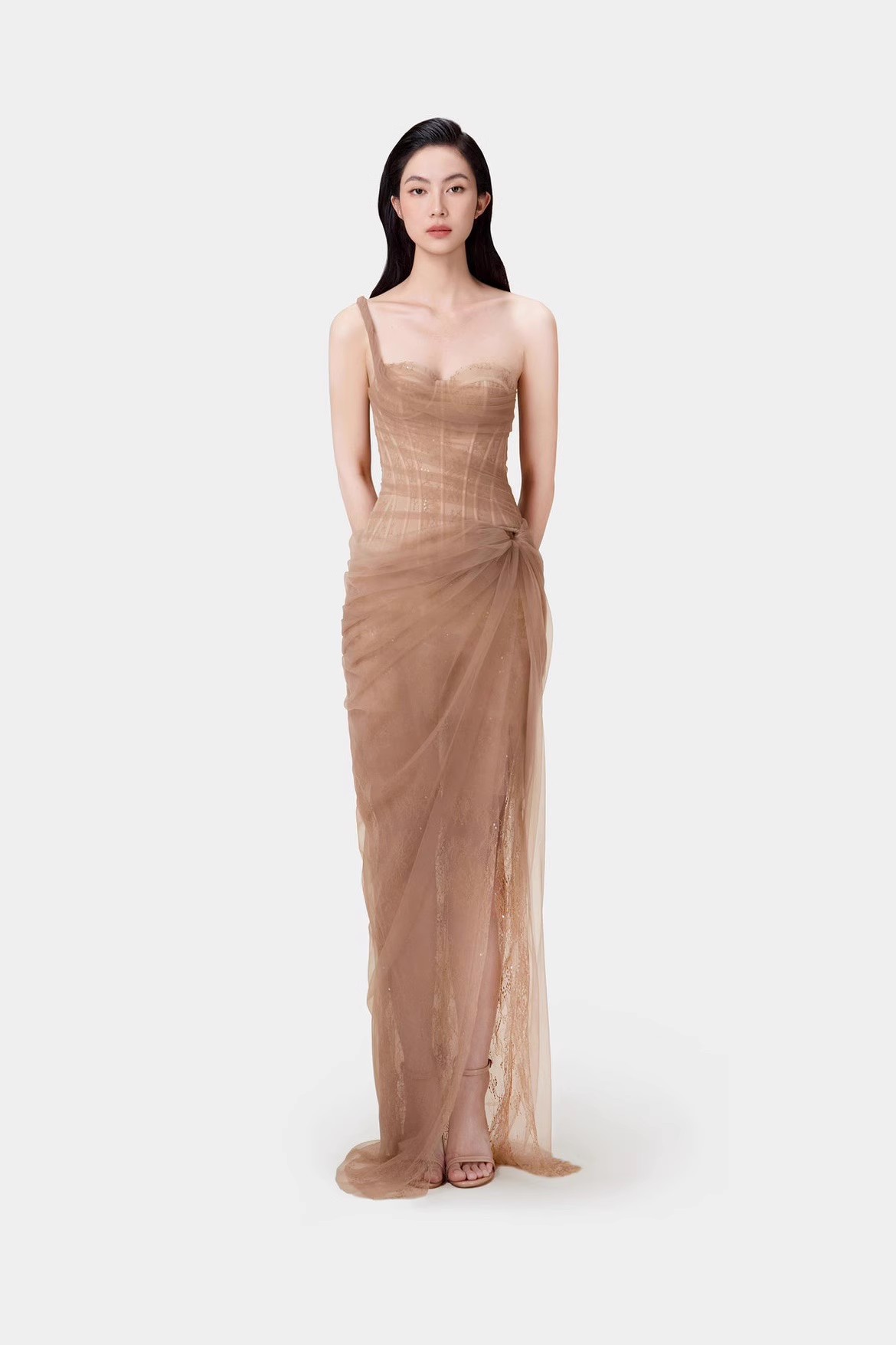 Robe bustier sophistiquée en dentelle corset avec maille transparente et taille haute – Robe midi trapèze élégante pour soirées et occasions spéciales_voghion.com