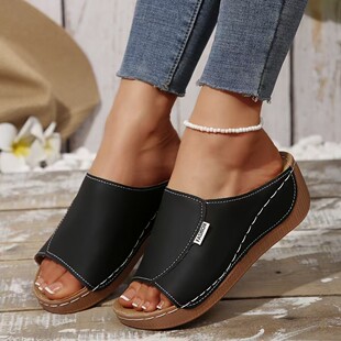 2025 Summer New Foreign Trade Women's Thick Bottom Slippers Cross-border plus size One-word Wide Strip Thick Bottom Fish Mouth Slippers
