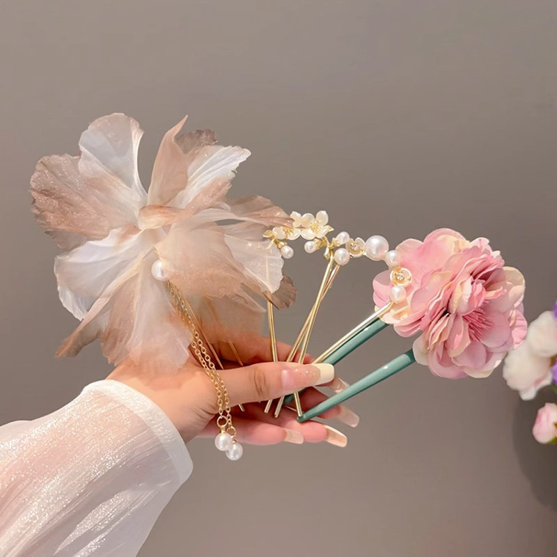 Nueva horquilla de borla de mariposa en forma de U de estilo chino, horquilla de sentido avanzado, estilo antiguo, borla, paso a paso, flor, horquilla, cheongsam